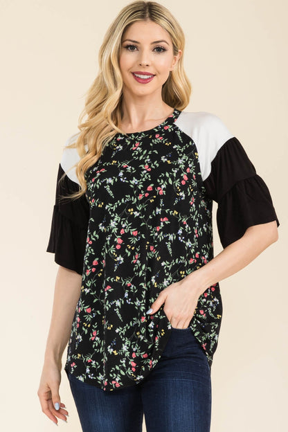 Floral Contrast Bell Sleeve Top