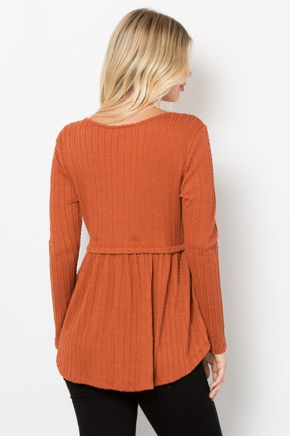 Be Stage Texture Babydoll Round Neck Long Sleeve Knit Top