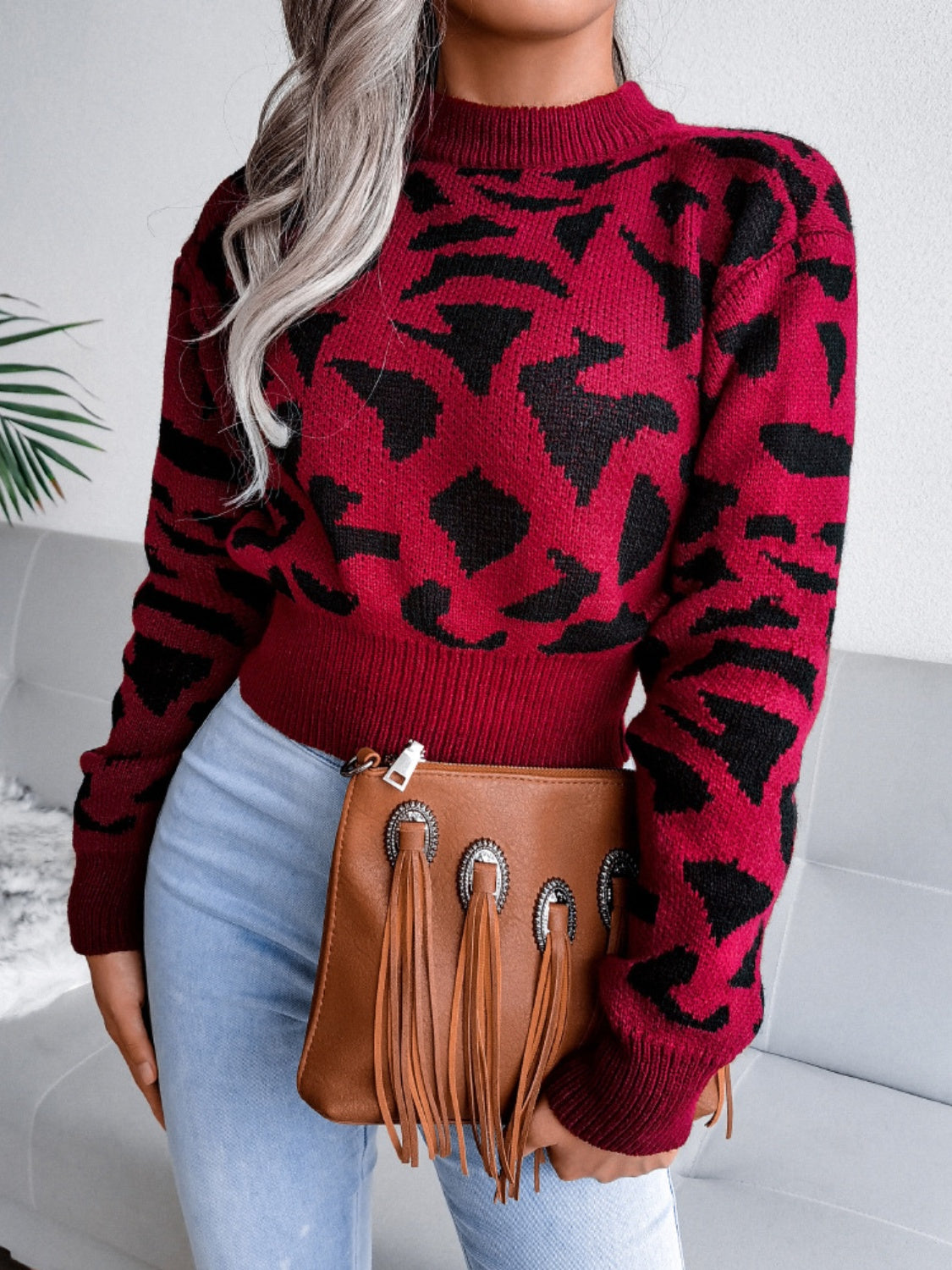 Leopard Round Neck Dropped Shoulder Sweater