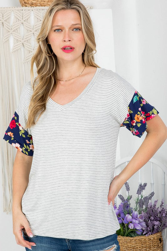 PLUS STRIPE FLORAL MIXED BOXY TOP