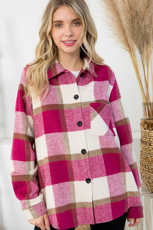 FUZZY PLAID BUTTONDOWN SHACKET