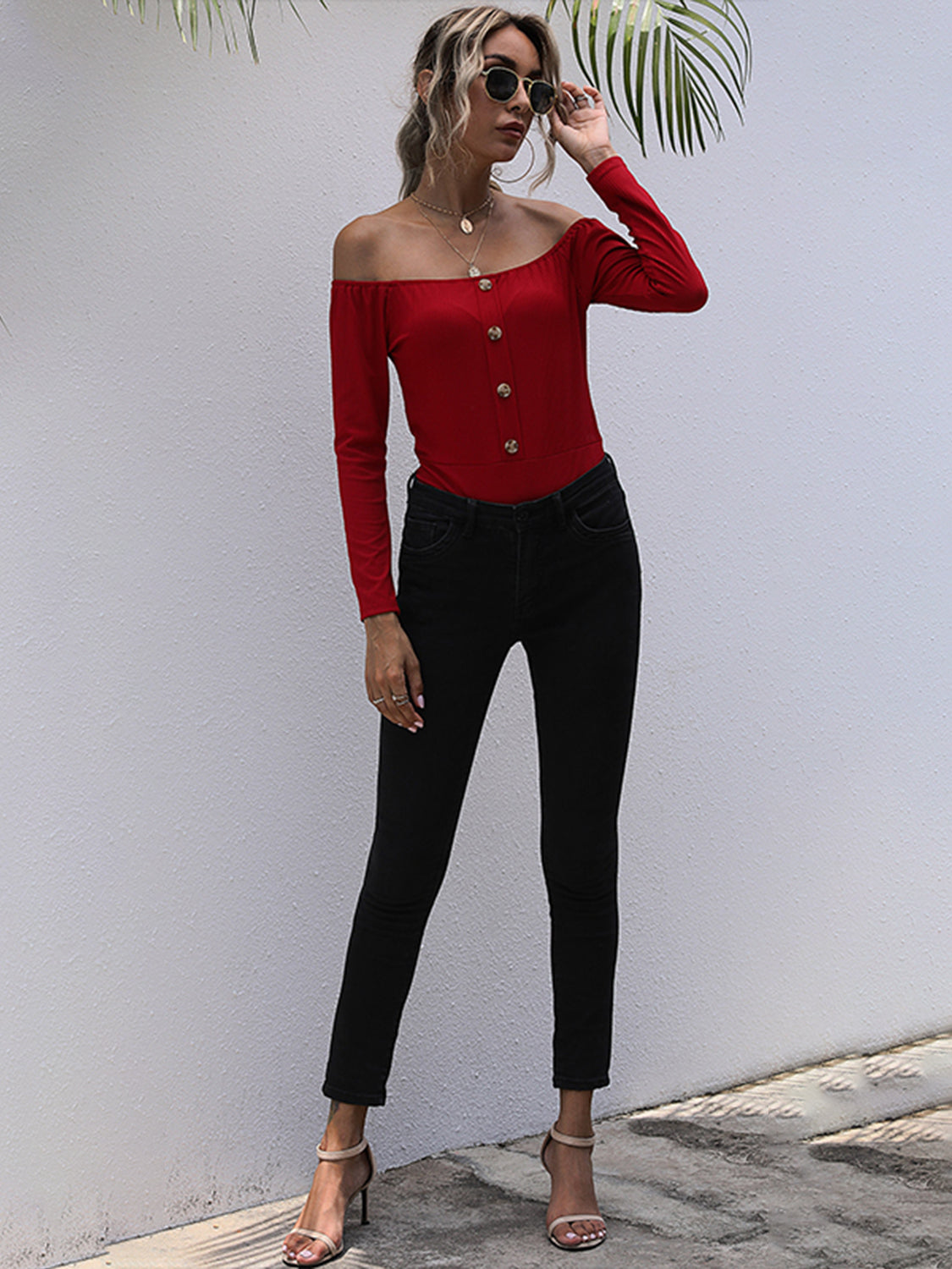 Decorative Button Off-Shoulder Long Sleeve Bodysuit