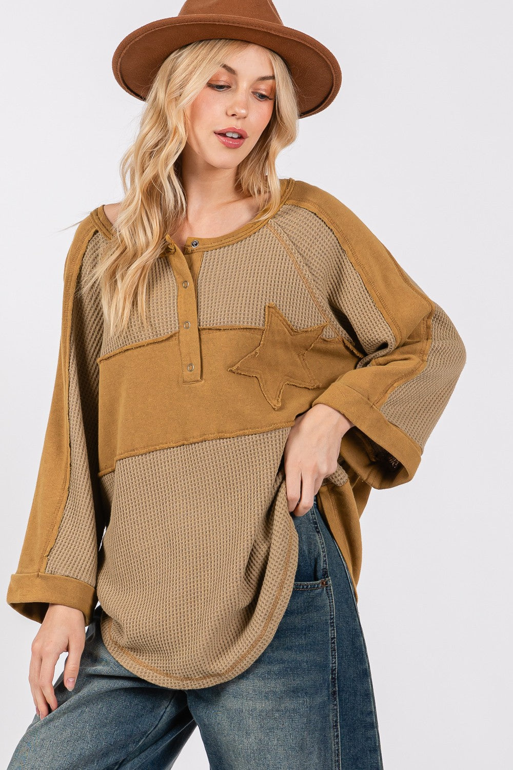 Star Applique Patch Exposed Seam Waffle Knit Top