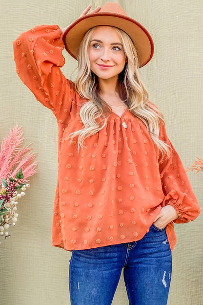 Swiss Dot V Neck Balloon Sleeve Woven Blouse