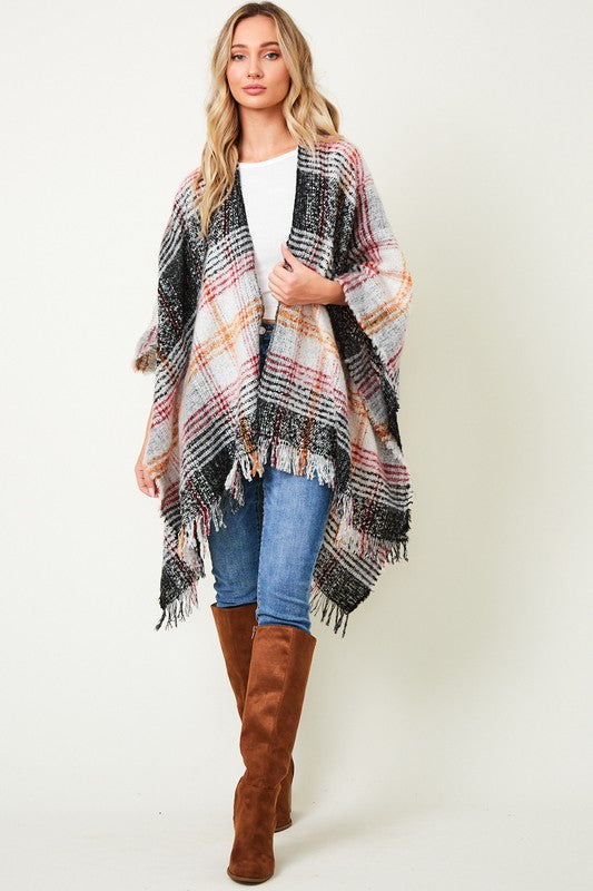 MULTI PLAID FRINGE PONCHO SHAWL