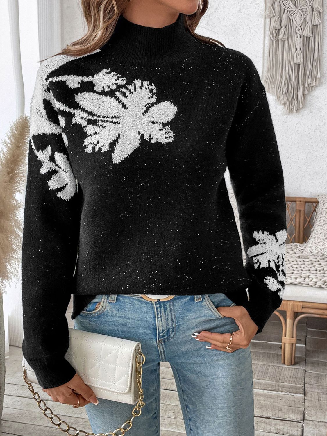 Flower Mock Neck Long Sleeve Sweater