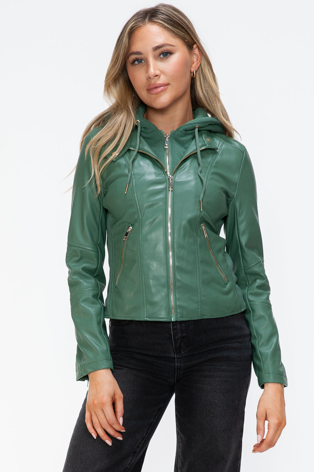 Faux Leather Zip Up Drawstring Hooded Jacket