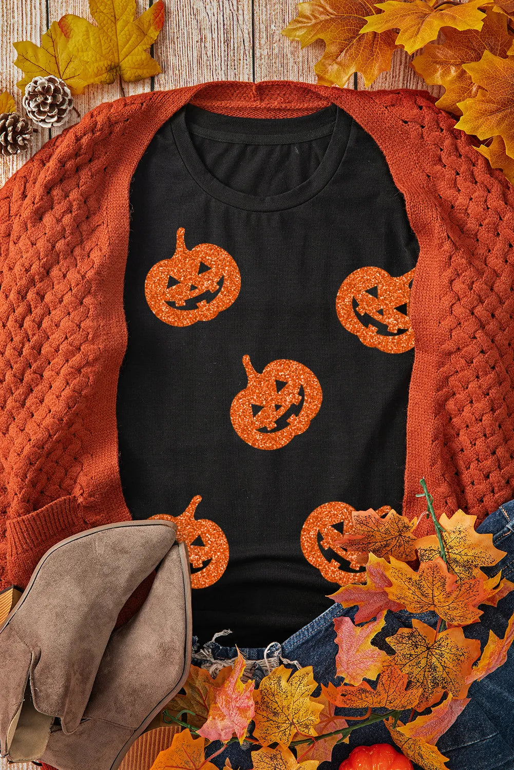 Glitter Jack-O'-Lantern Round Neck Short Sleeve T-Shirt