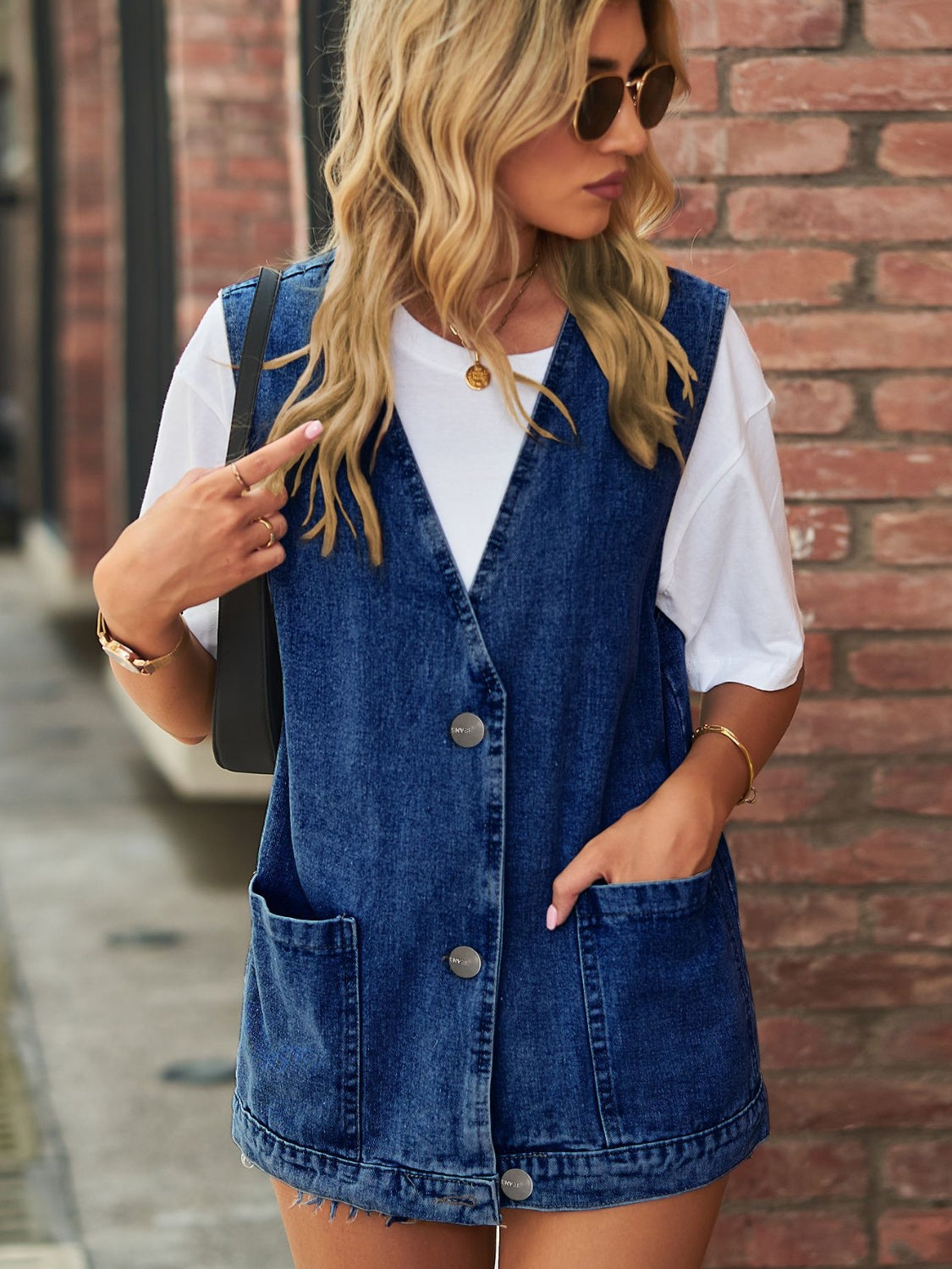 V-Neck Button Up Denim Vest