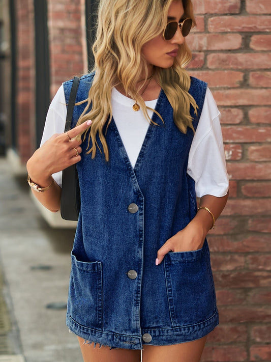 V-Neck Button Up Denim Vest