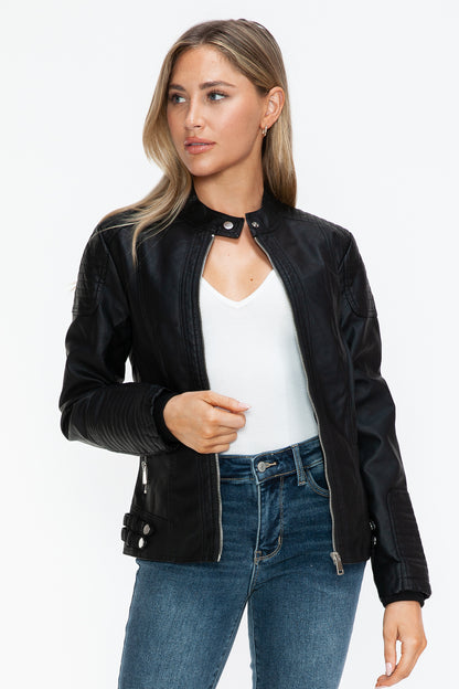 Faux Leather Biker Jacket with Side Zip Pockets