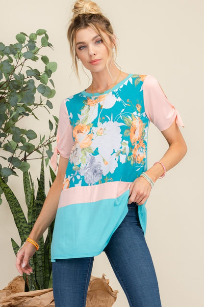 Open Tie Sleeve Floral Contrast Top