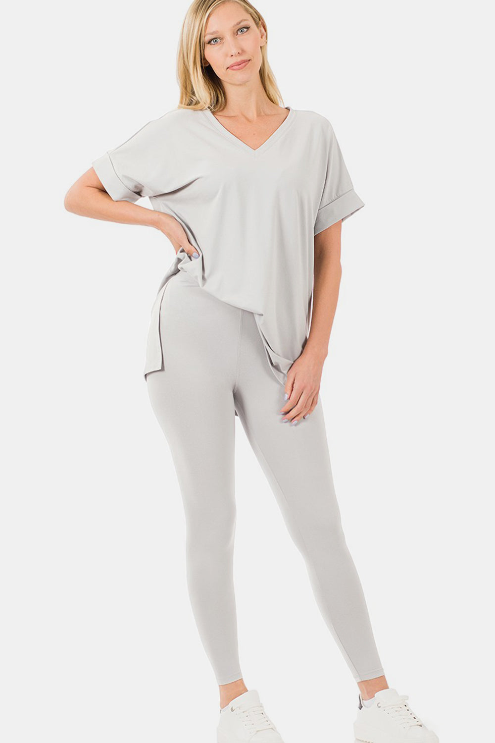 V-Neck Rolled Short Sleeve T-Shirt and Leggings Lounge Set