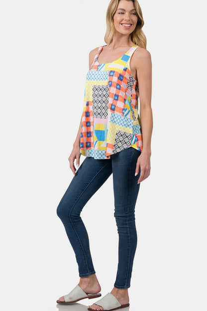 Printed Round Neck Curved Hem Tank