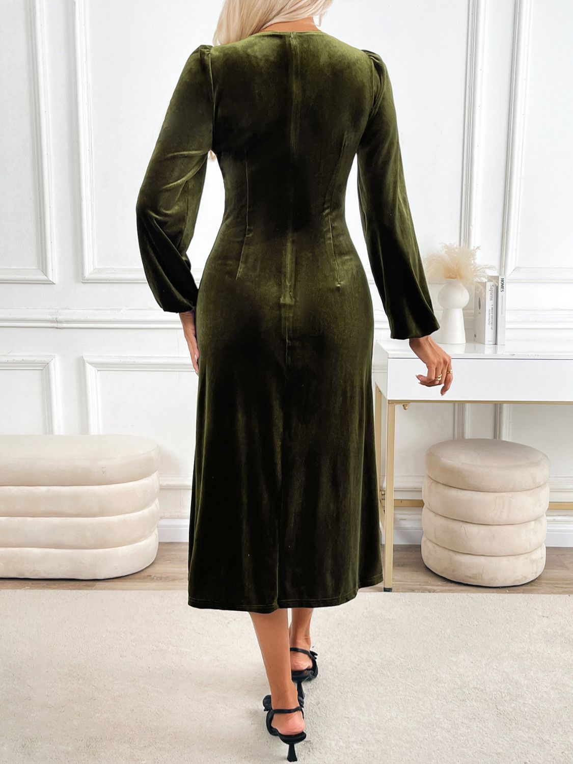 Slit V-Neck Long Sleeve Midi Dress