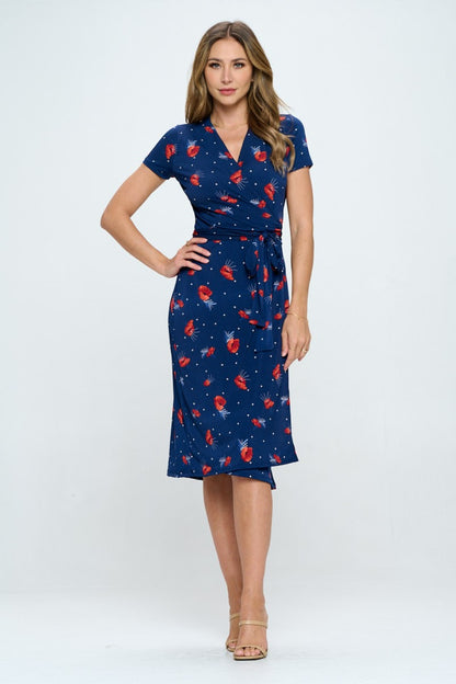 Floral Tie Front Surplice Short Sleeve Dress