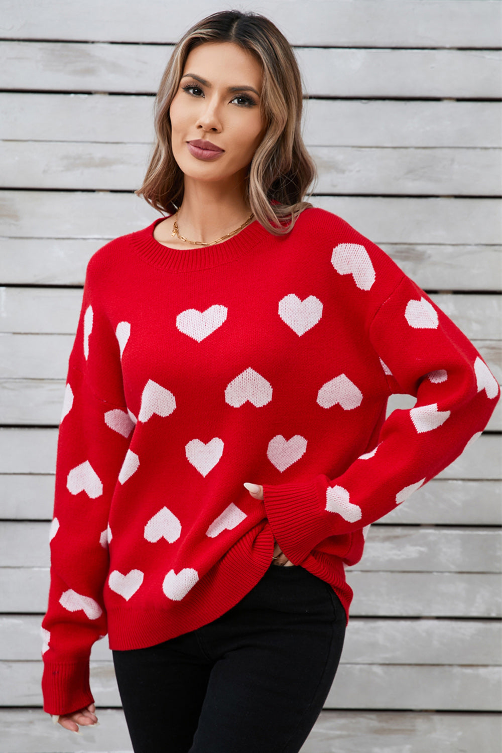 Heart Round Neck Long Sleeve Sweater