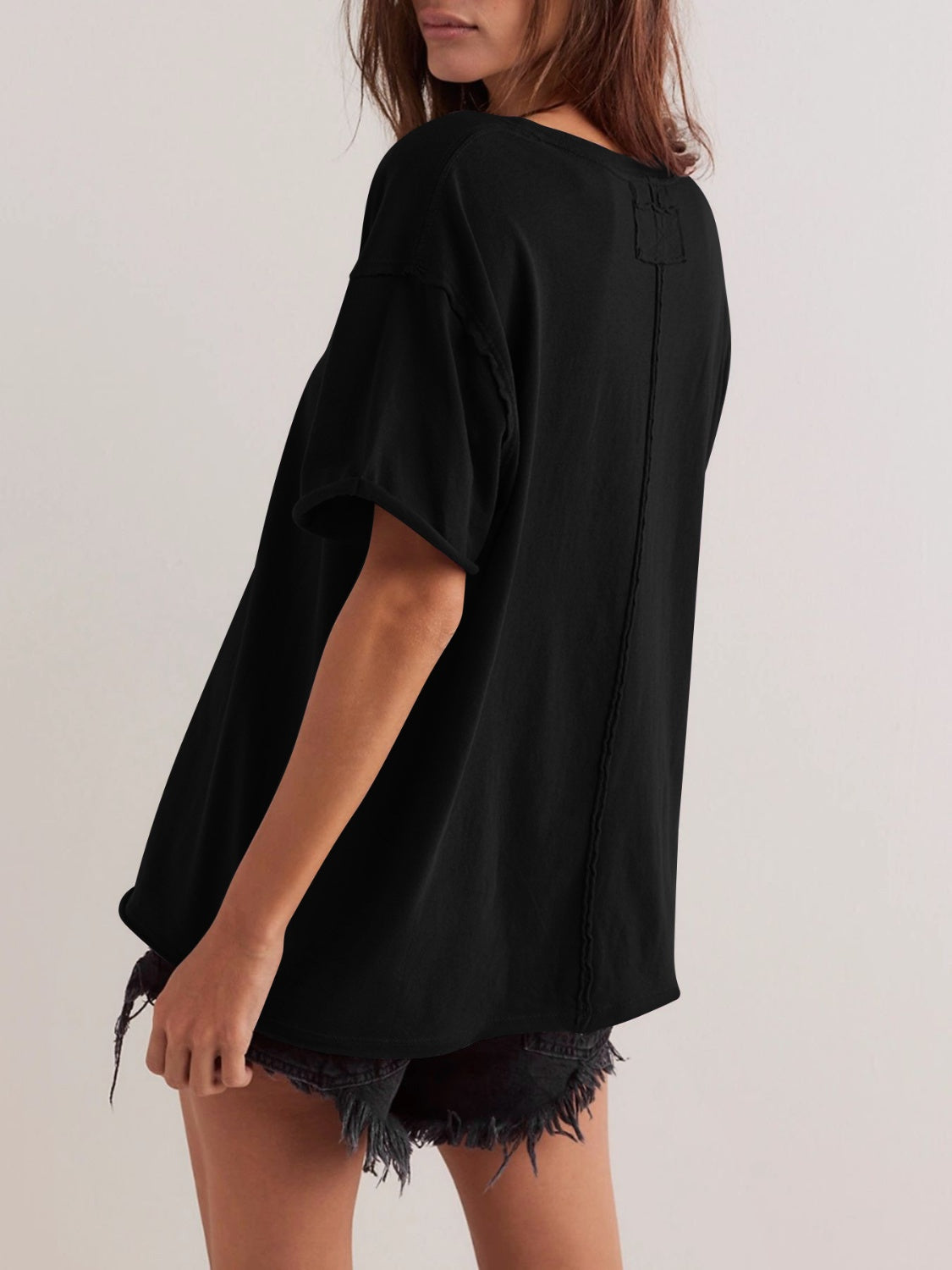 Exposed Seam Round Neck Half Sleeve T-Shirt