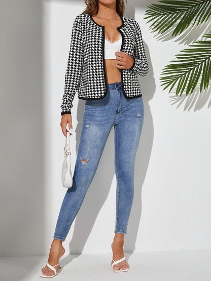 Houndstooth Open Front Long Sleeve Jacket