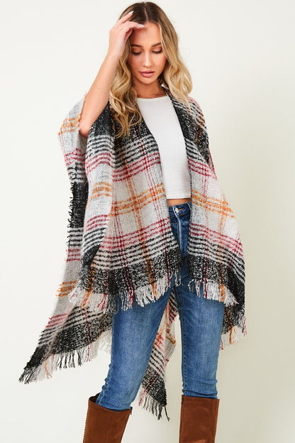 MULTI PLAID FRINGE PONCHO SHAWL