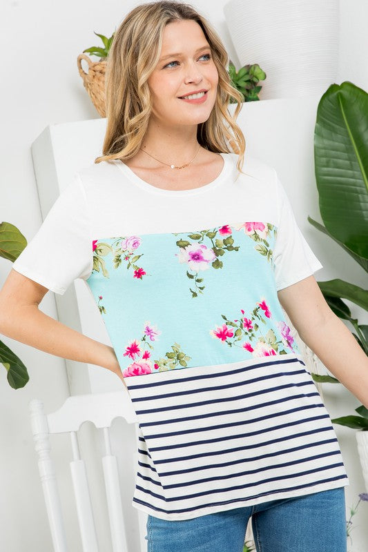 PLUS FLORAL STRIPE MIXED TOP