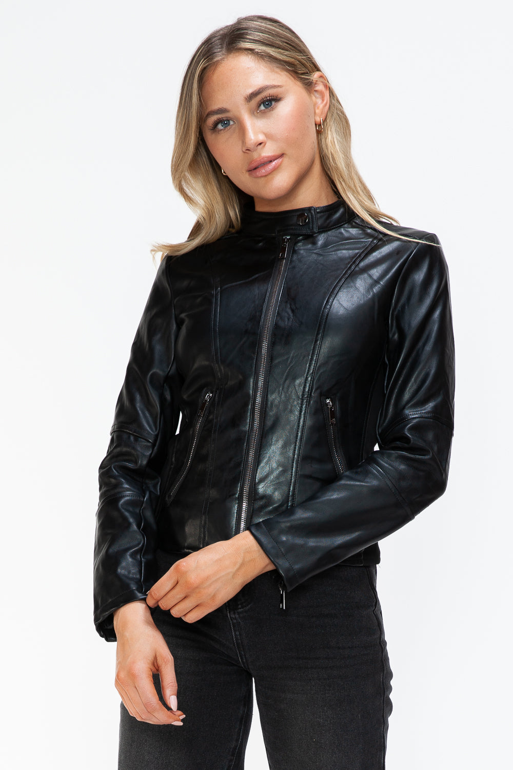 Faux Leather Zip Up Drawstring Hooded Jacket