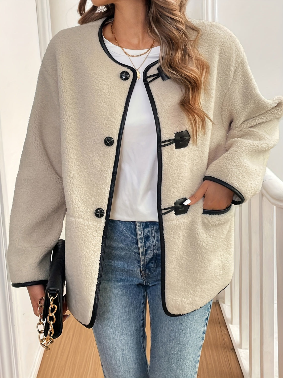 Contrast Trim Drop Shoulder Plush Coat