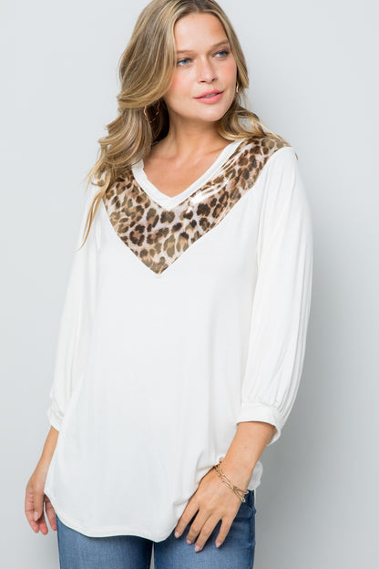 Leopard Contrast Balloon Sleeve Top