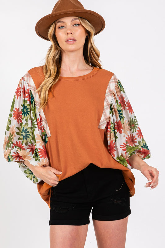 Printed Balloon Sleeve Contrast Top