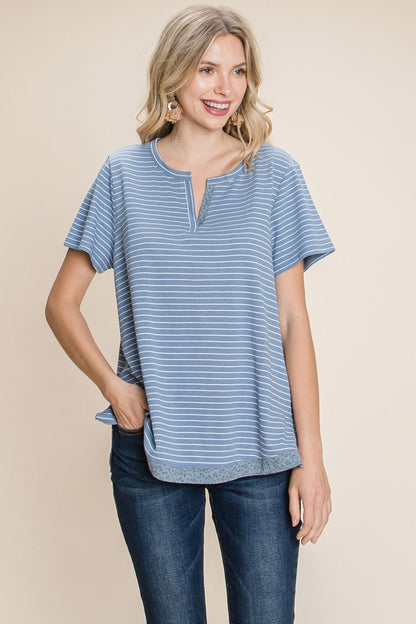 Slit Striped Notched Short Sleeve T-Shirt