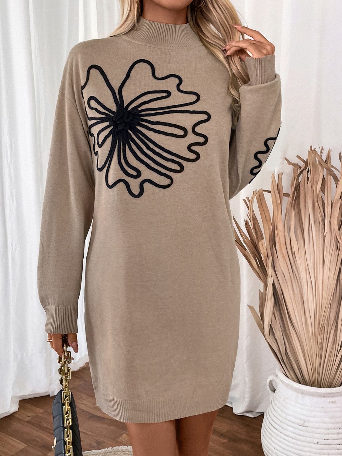 Flower Mock Neck Long Sleeve Sweater Dress