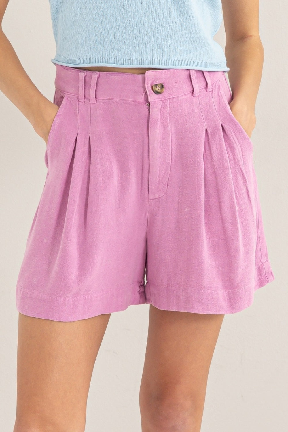 High Waist Pleated Linen Shorts