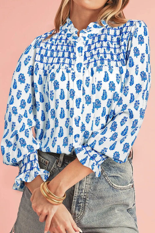 Frill Printed Button Up Long Sleeve Shirt