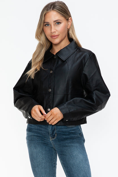 Snap Down Long Sleeve PU Leather Jacket