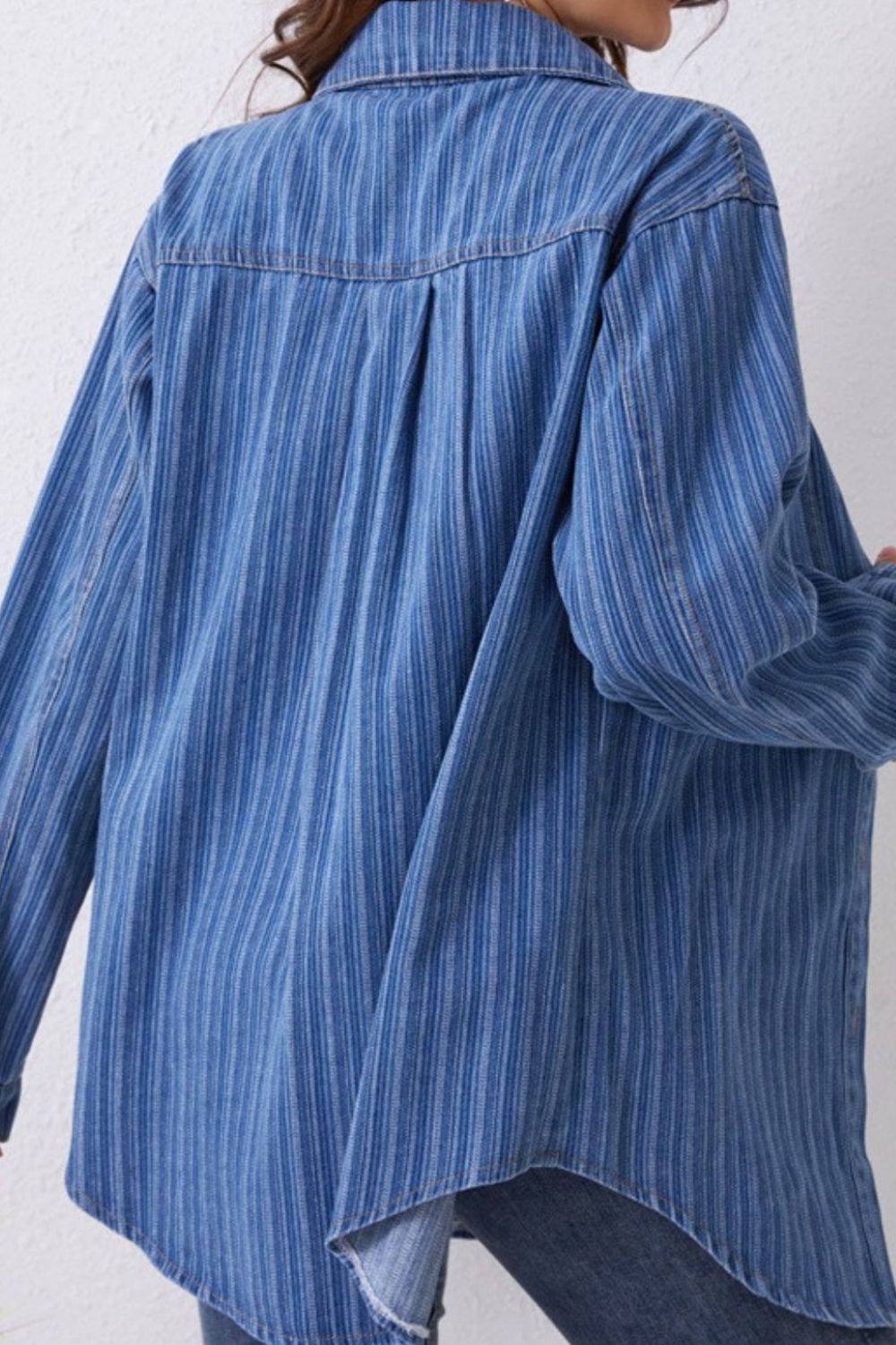 Striped Texture Collared Neck Denim Top