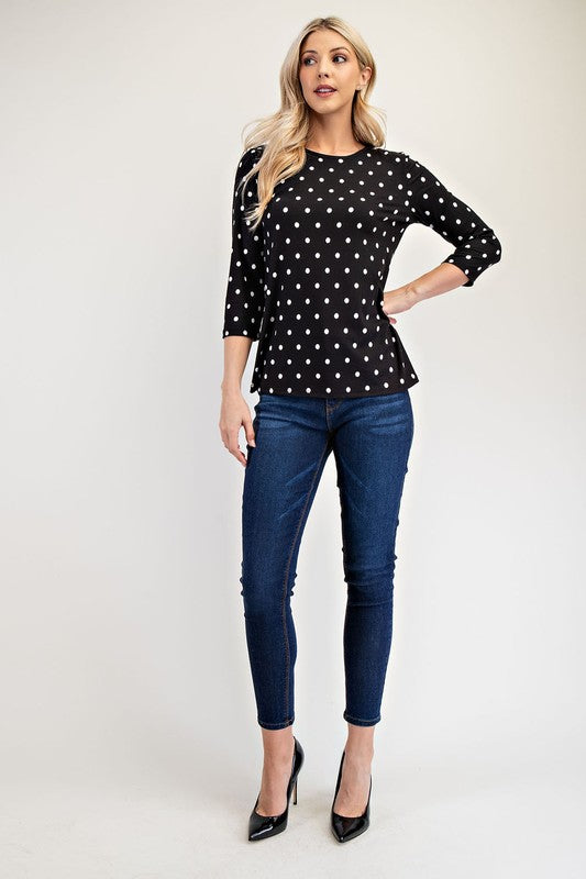 Celeste Polka Dot Round Neck Three-Quarter Sleeve T-Shirt
