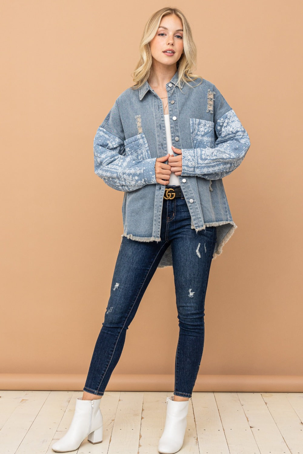 Paisley Print Quilted Sleeves Denim Jacket