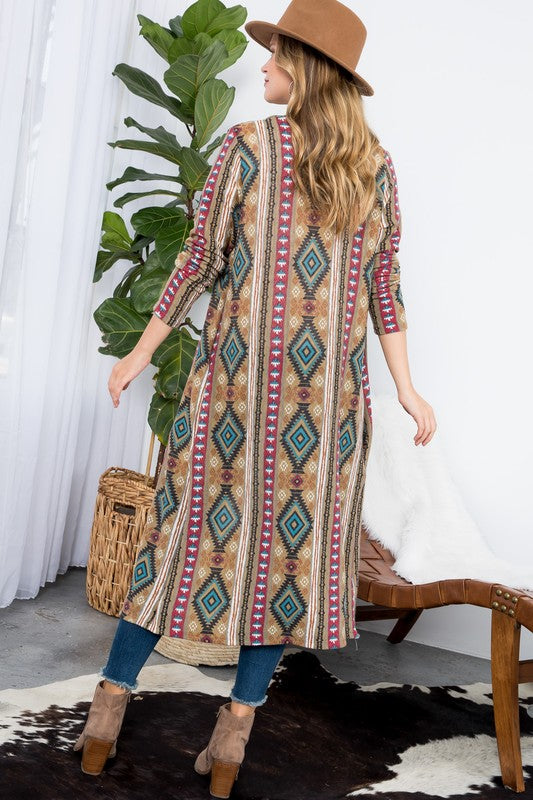 PLUS AZTEC PRINT LONG CARDIGAN