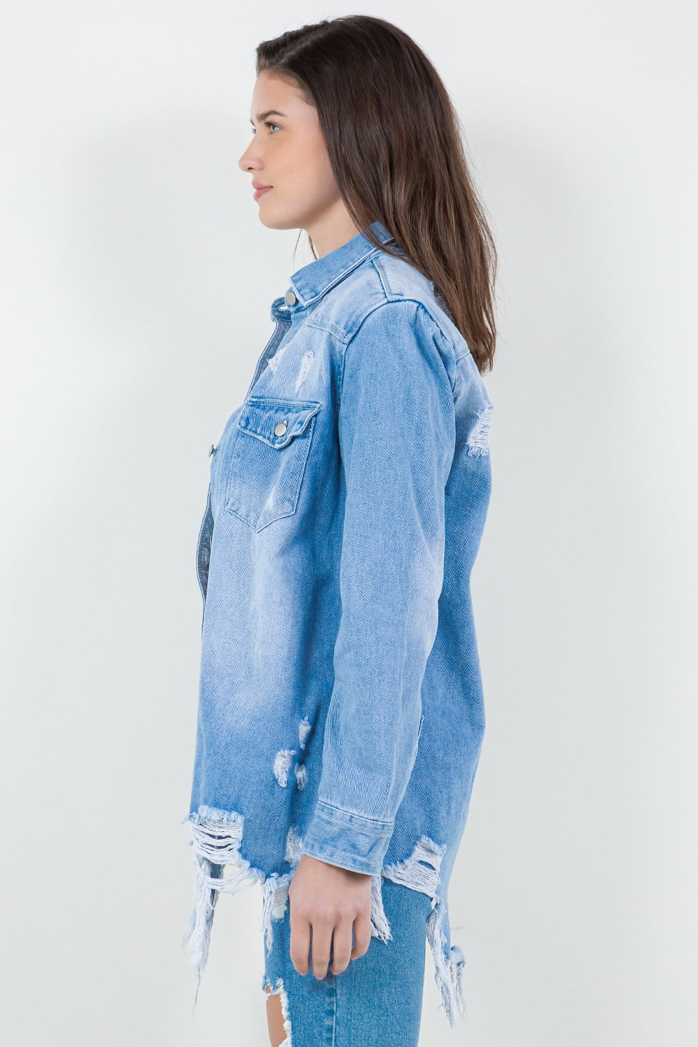 Raw Hem Distressed Long Sleeve Denim Jacket