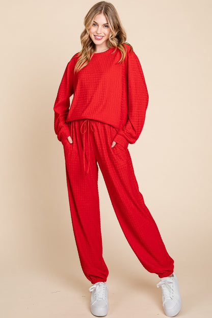 Crinkle Check Round Neck Top and Pants Lounge Set