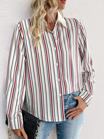 Contrast Striped Collared Neck Long Sleeve Shirt