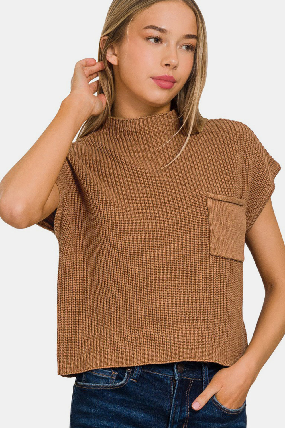 Mock Neck Short Sleeve Cropped Sweater