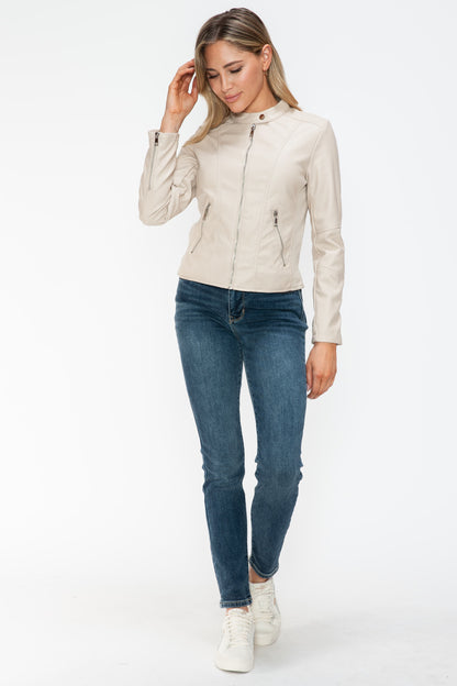 PU Leather Zip Up Jacket with Pockets