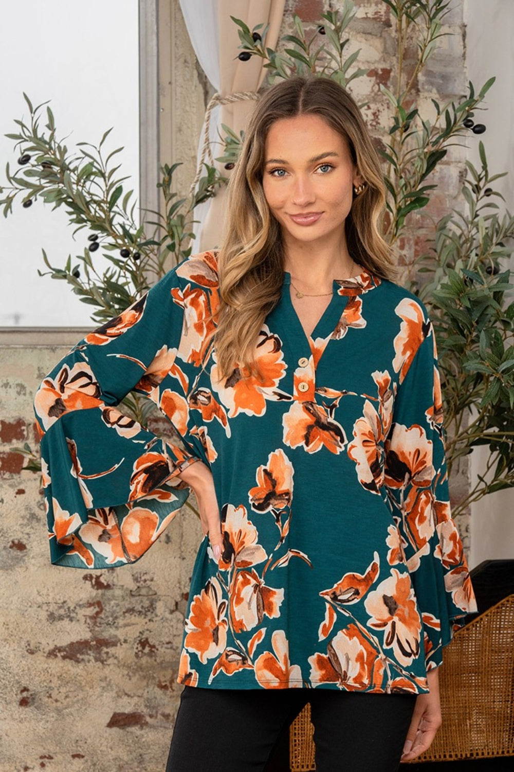 Wrinkle Free Floral Flounce Sleeve Top