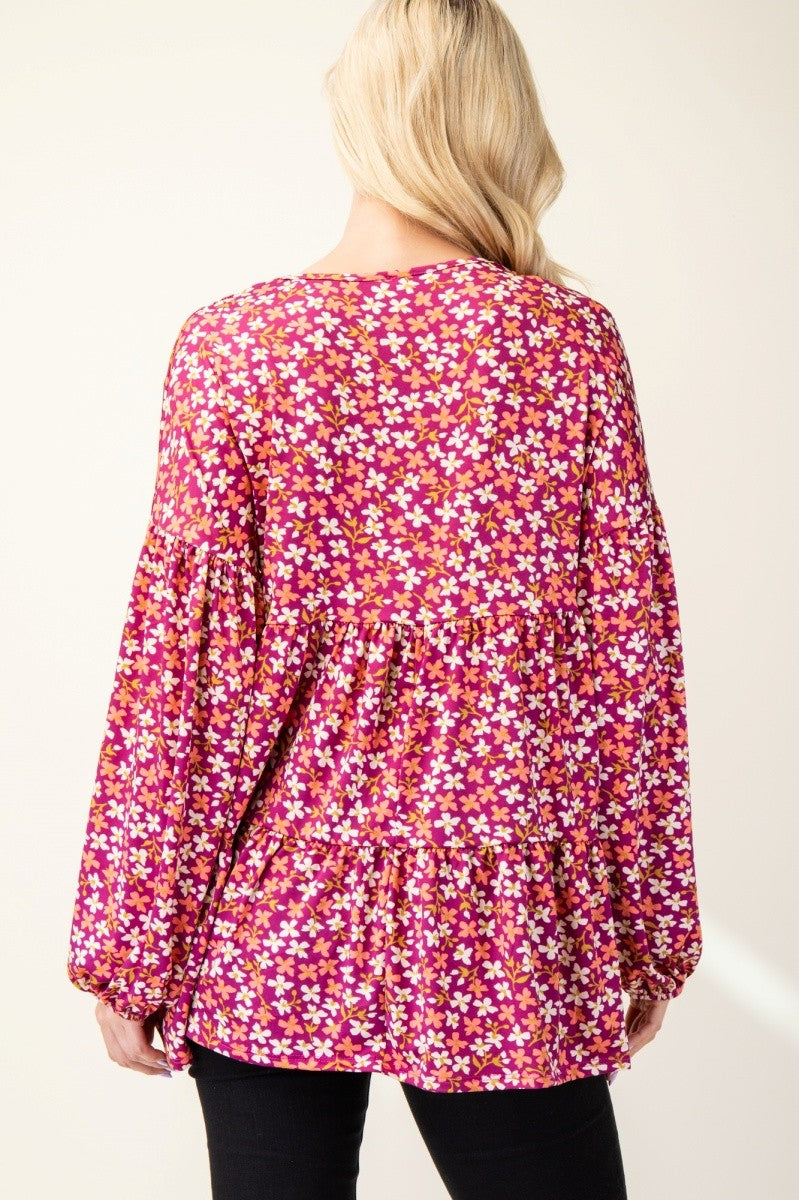 Floral V-Neck Balloon Sleeve Blouse