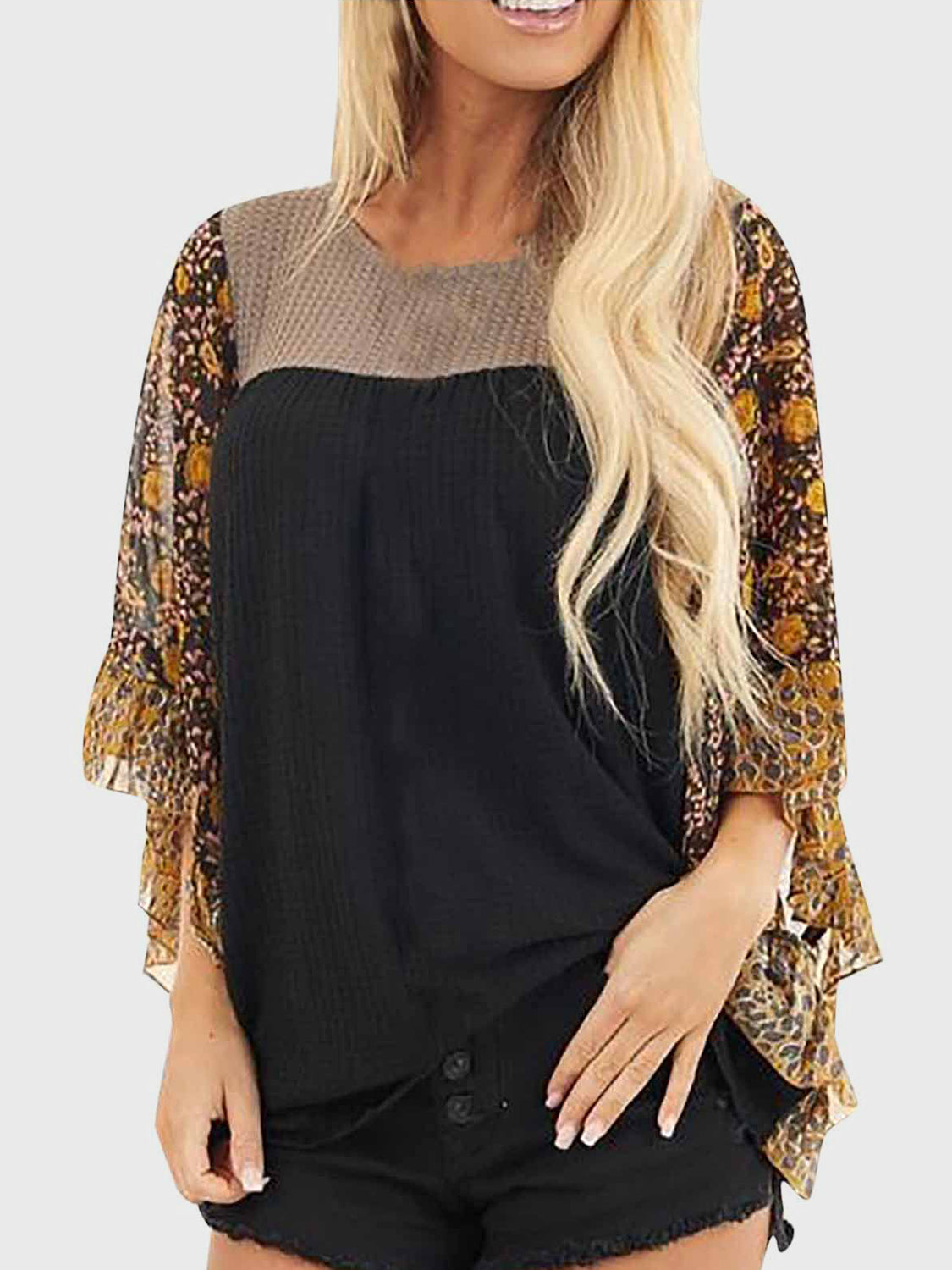 Printed Round Neck Three-Quarter Sleeve Blouse