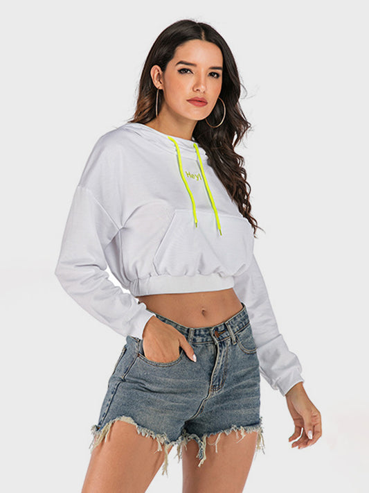 Drawstring Letter Long Sleeve Crop Hoodie