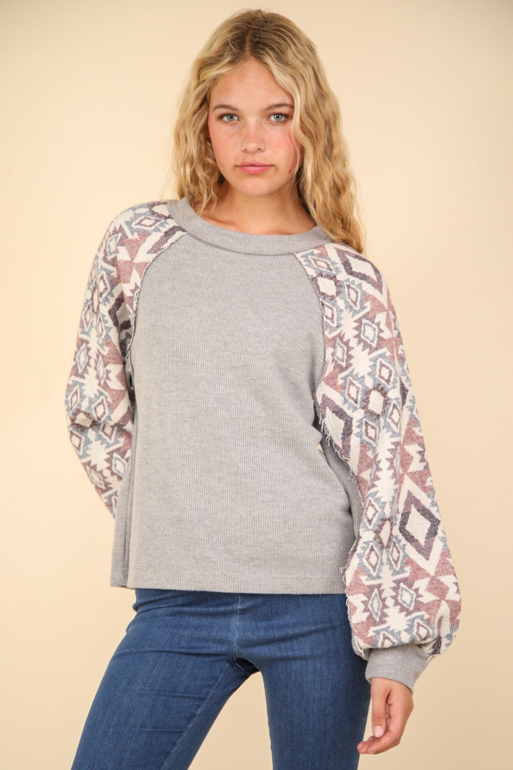 Printed Long Sleeve Round Neck Knit Top