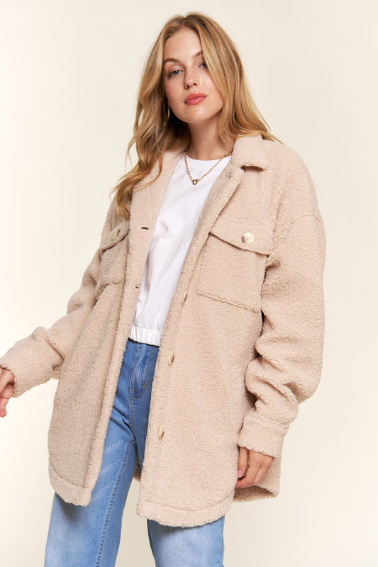 Teddy Sherpa Button Down Curved Hem Shacket