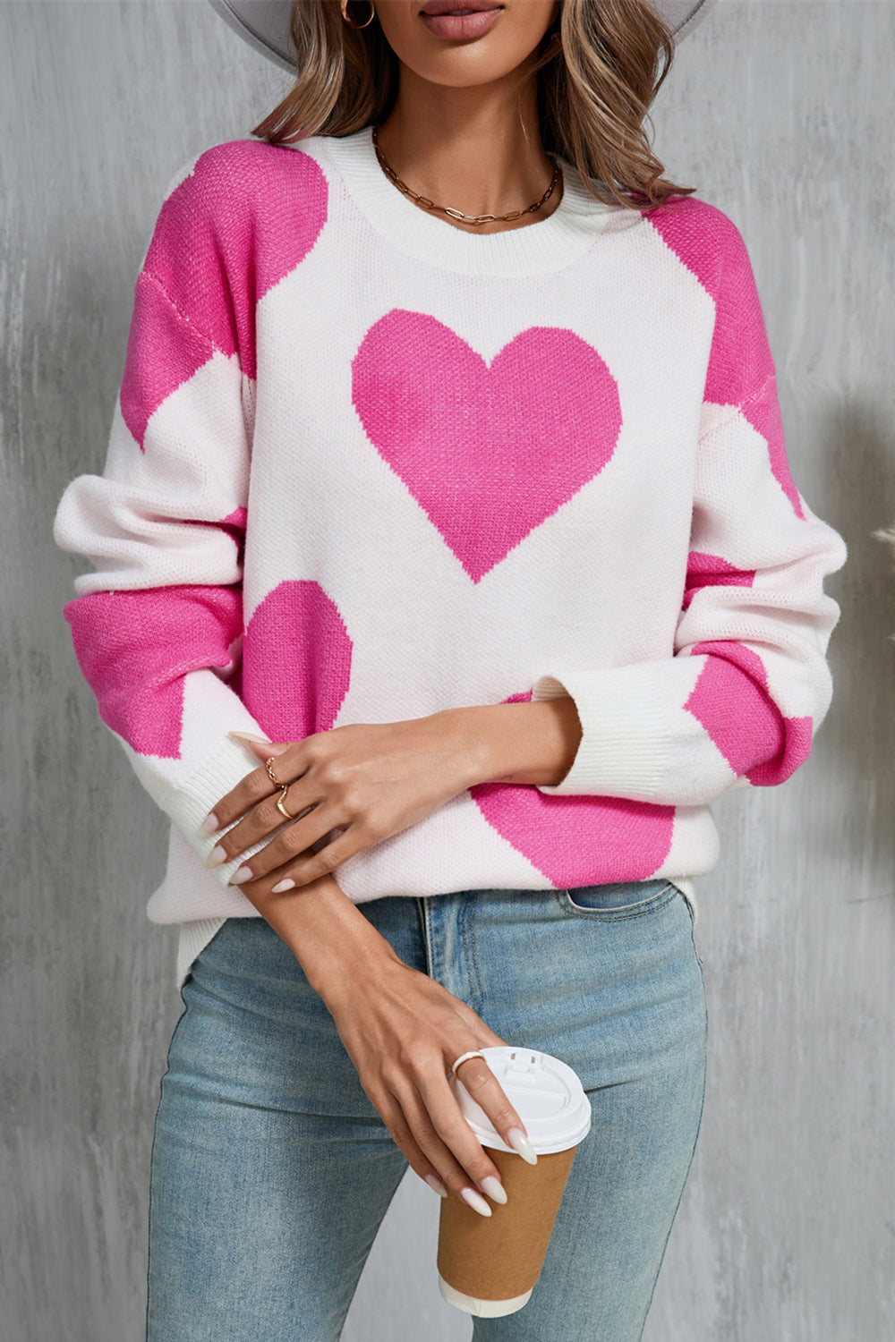 Contrast Heart Dropped Shoulder Long Sleeve Sweater